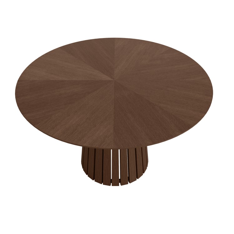Round Walnut Dining Table Set with 4 Beige Upholstered Chairs - Seats 4 - Owen