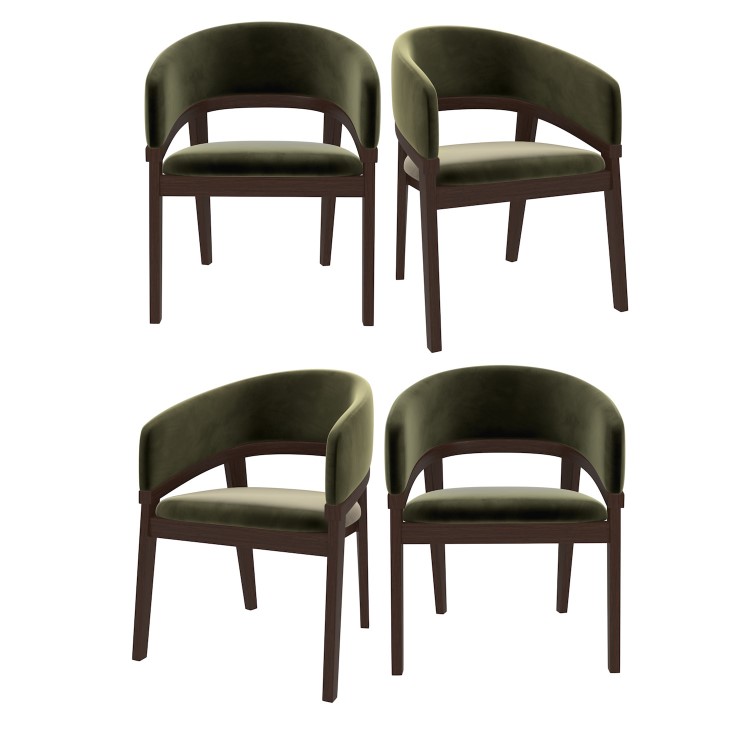 Set of 4 Walnut & Olive Green Velvet Curved Dining Chairs - Owen