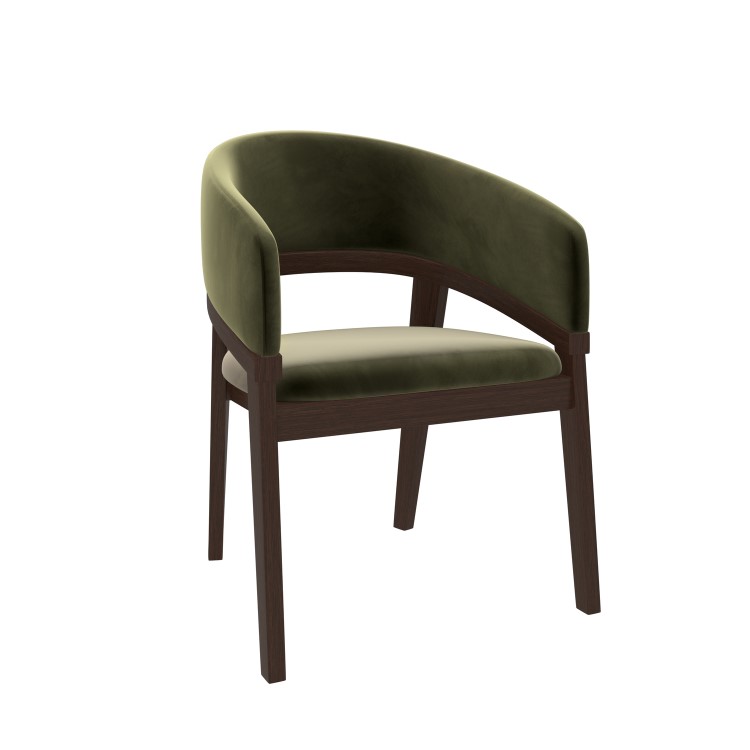 Set of 4 Walnut & Olive Green Velvet Curved Dining Chairs - Owen