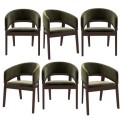 BUN/OWE003/97227 Set of 6 Walnut & Olive Green Velvet Curved Dining Chairs - Owen