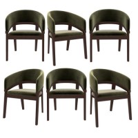 Set of 6 Walnut & Olive Green Velvet Curved Dining Chairs - Owen