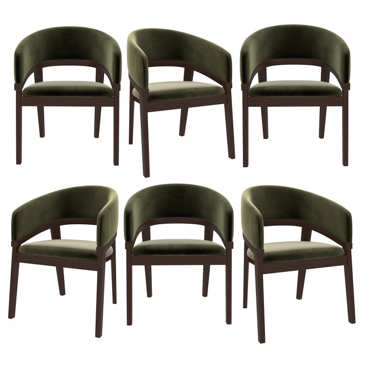 Set of 6 Walnut & Olive Green Velvet Curved Dining Chairs - Owen