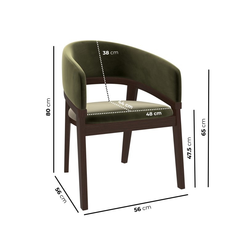 Set of 6 Walnut & Olive Green Velvet Curved Dining Chairs - Owen