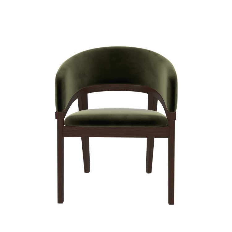Set of 6 Walnut & Olive Green Velvet Curved Dining Chairs - Owen