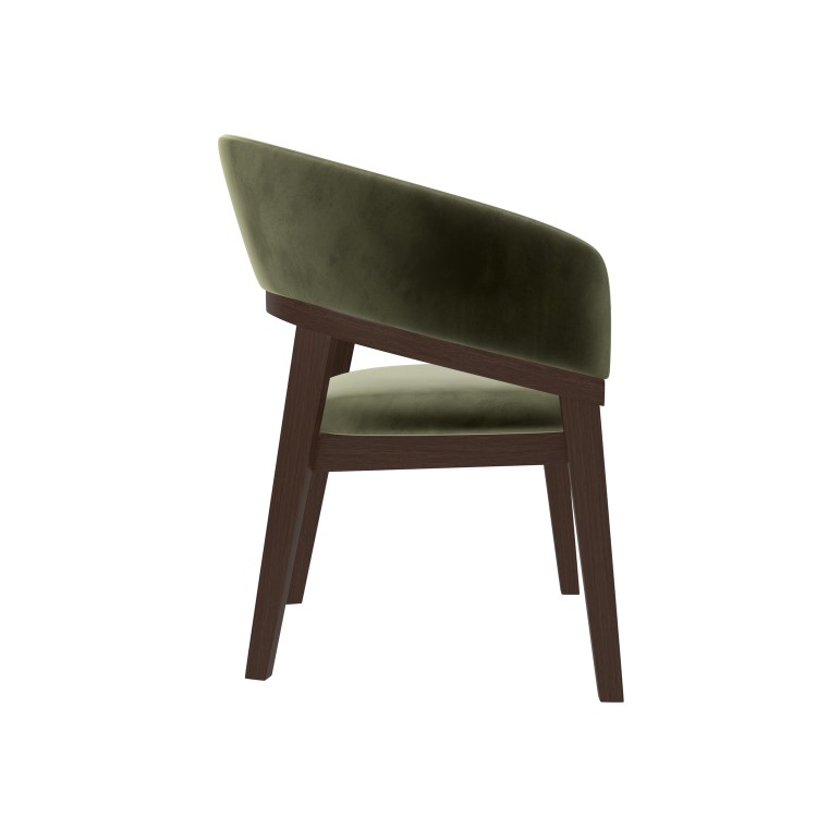 Set of 6 Walnut & Olive Green Velvet Curved Dining Chairs - Owen