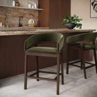 Set of 2 Walnut & Olive Green Velvet Curved Kitchen Stools with Backs - Owen