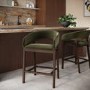 Set of 2 Walnut & Olive Green Velvet Curved Kitchen Stools with Backs - Owen