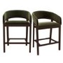 Set of 2 Walnut & Olive Green Velvet Curved Kitchen Stools with Backs - Owen