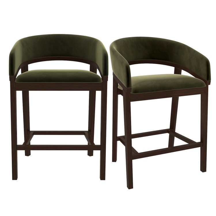 Set of 2 Walnut & Olive Green Velvet Curved Kitchen Stools with Backs - Owen