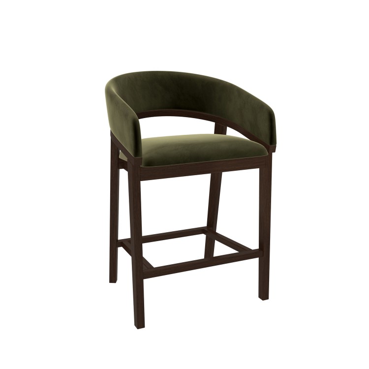Set of 2 Walnut & Olive Green Velvet Curved Kitchen Stools with Backs - Owen