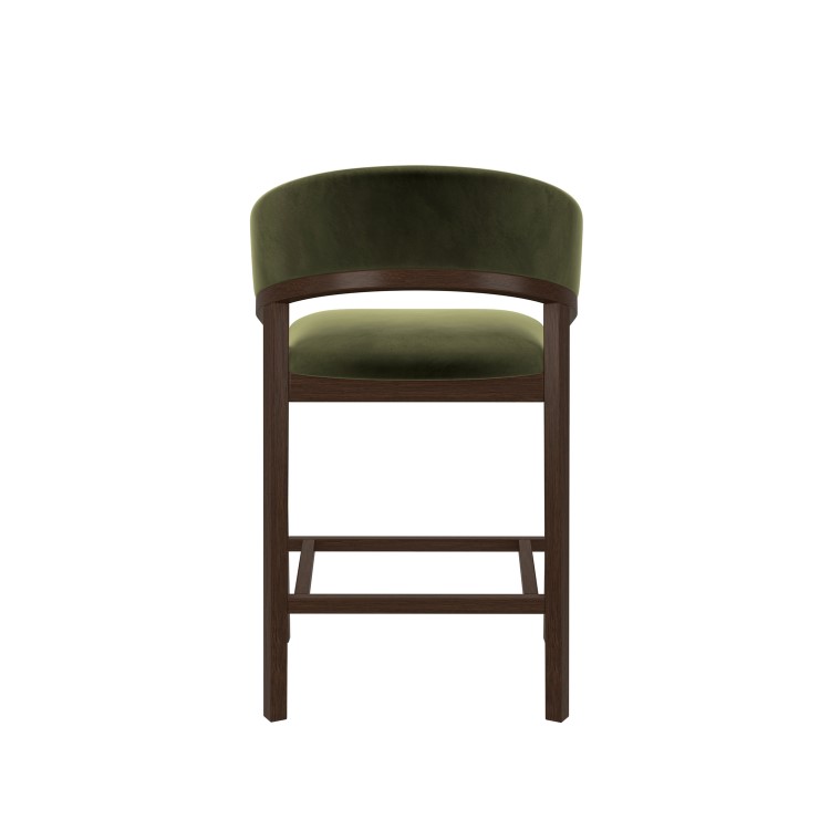 Set of 2 Walnut & Olive Green Velvet Curved Kitchen Stools with Backs - Owen