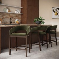 Set of 3 Walnut & Olive Green Velvet Curved Kitchen Stools with Backs - Owen