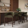 Set of 3 Walnut & Olive Green Velvet Curved Kitchen Stools with Backs - Owen