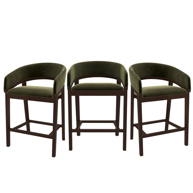 Set of 3 Walnut & Olive Green Velvet Curved Kitchen Stools with Backs - Owen