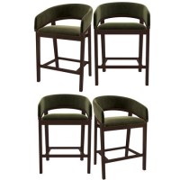 Set of 4 Walnut & Olive Green Velvet Curved Kitchen Stools with Backs - Owen