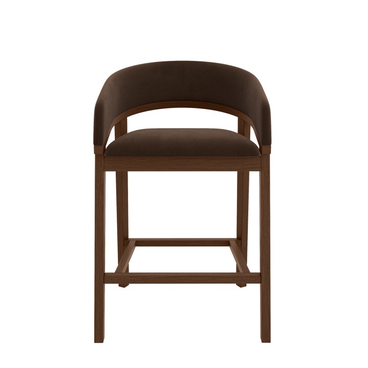 Set of 3 Walnut & Chocolate Brown Velvet Curved Kitchen Stools with Back - Owen