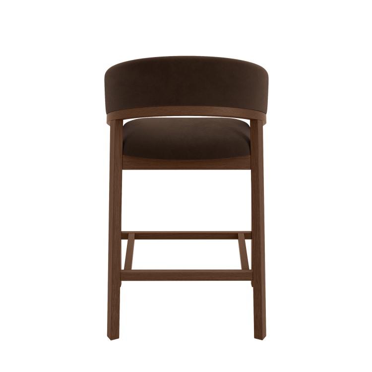 Set of 3 Walnut & Chocolate Brown Velvet Curved Kitchen Stools with Back - Owen