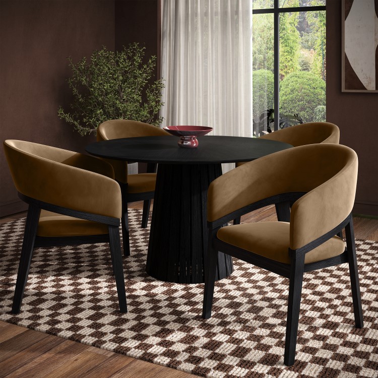 Set of 4 Black and Brown Velvet Curved Dining Chairs - Owen