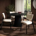 BUN/OWE008/100837 Round Black Pedestal Dining Table Set with 4 Beige Fabric Curved Back Dining Chairs - Owen