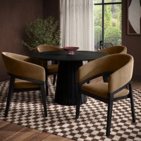 Round Black Dining Table Set with 4 Brown Velvet Chairs - Seats 4 - Owen