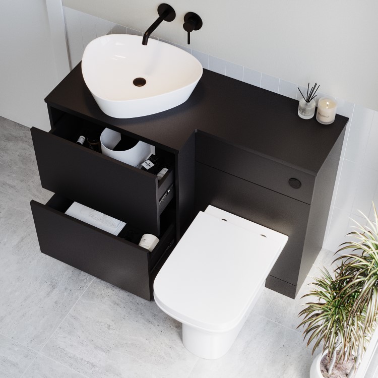 1100mm Black Left Hand Toilet and Sink Unit with Triangular Countertop Basin and Matt Black Push Button- Palma