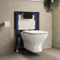 Wall Hung Rimless Toilet with Soft Close Seat, Matt Black Pneumatic Flush Plate, 820mm Frame & Cistern – Palma
