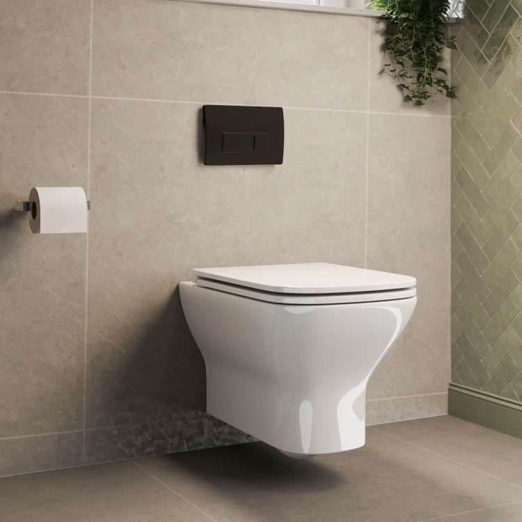 Wall Hung Rimless Toilet with Soft Close Seat, Matt Black Pneumatic Flush Plate, 820mm Frame & Cistern – Palma