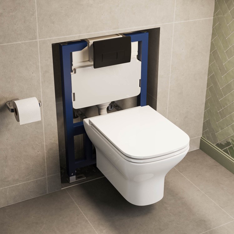 Wall Hung Rimless Toilet with Soft Close Seat, Matt Black Pneumatic Flush Plate, 820mm Frame & Cistern – Palma