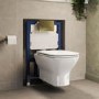Wall Hung Rimless Toilet with Soft Close Seat, Brushed Brass Pneumatic Flush Plate, 820mm Frame & Cistern – Palma