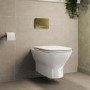 Wall Hung Rimless Toilet with Soft Close Seat, Brushed Brass Pneumatic Flush Plate, 820mm Frame & Cistern – Palma