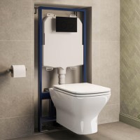 Wall Hung Rimless Toilet with Soft Close Seat, Black Mechanical Flush Plate, 1168mm Frame & Cistern – Palma