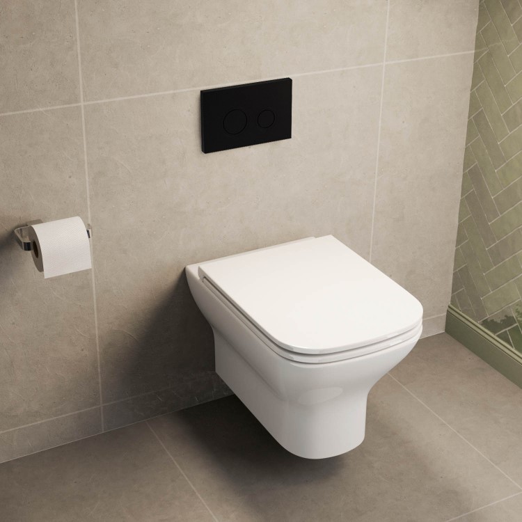 Wall Hung Rimless Toilet with Soft Close Seat, Black Mechanical Flush Plate, 1168mm Frame & Cistern – Palma