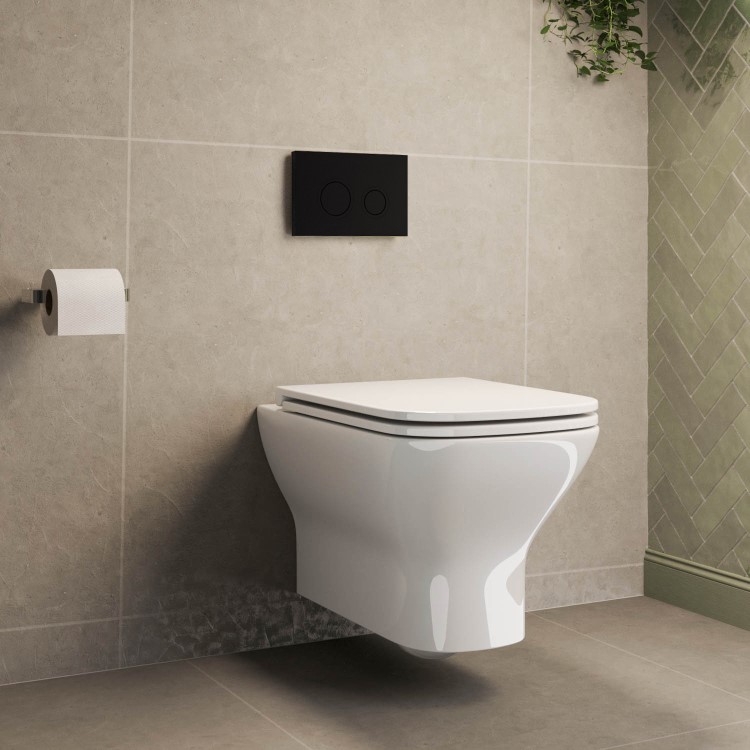 Wall Hung Rimless Toilet with Soft Close Seat, Black Mechanical Flush Plate, 1168mm Frame & Cistern – Palma