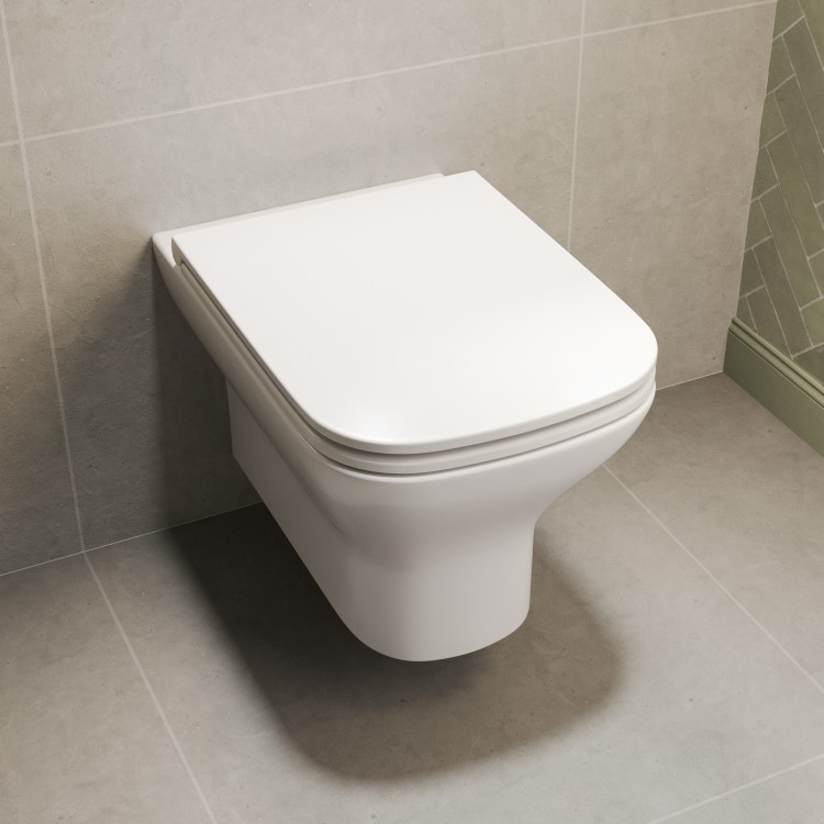 Wall Hung Rimless Toilet with Soft Close Seat, Matt Black Pneumatic Flush Plate, 820mm Frame & Cistern – Palma