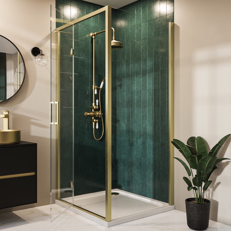 ONLY OPENED - Brushed Brass 8mm Glass Rectangular Hinged Shower Enclosure 1000x800mm - Pavo