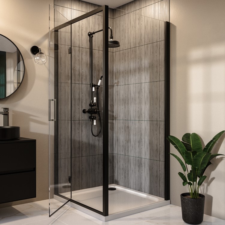 1200x700mm Black 8mm Glass Rectangular Hinged Shower Enclosure - Pavo