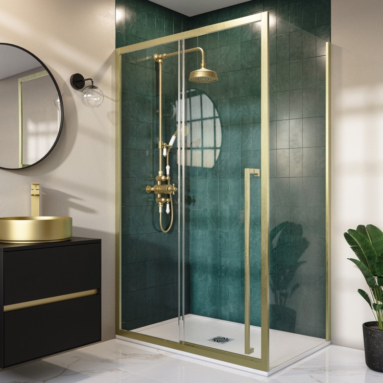 ONLY OPENED - 1200x800mm Brushed Brass 8mm Glass Sliding Shower Enclosure with Extended Handle - Pavo
