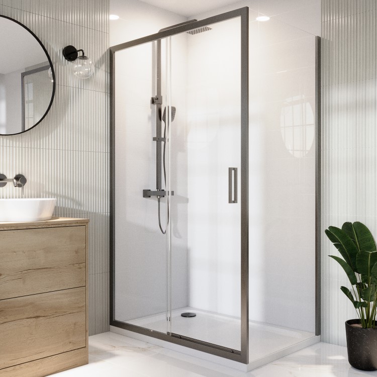 Grade A1 - Gunmetal Grey 8mm Glass Rectangular Sliding Shower Enclosure 1000x800mm - Pavo
