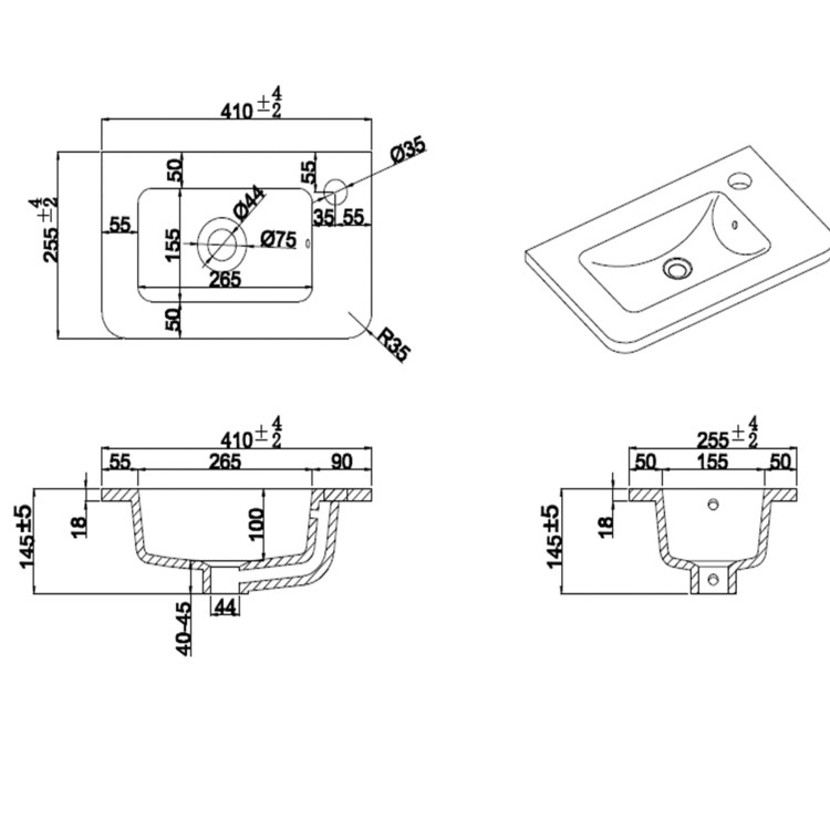 410mm Black Freestanding Cloakroom Vanity Unit with Basin - Pendle