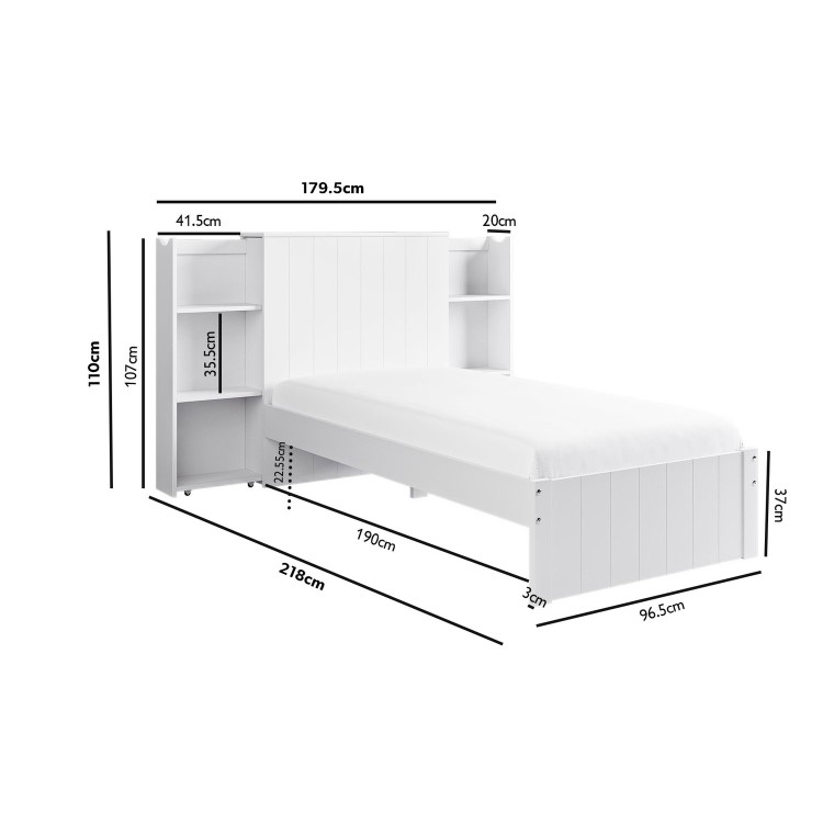 Single White Wooden Bed Frame with Storage Shelf Headboard - Pery