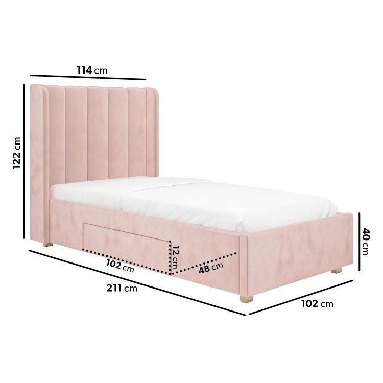 Pink Velvet Single Bed Frame with Storage Drawer - Phoebe