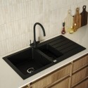 BUN/PHO96X4BLK15/99546 1.5 Bowl Black Inset Composite Kitchen Sink and Reversible Drainer With Matt Black Dual Lever kitchen Tap Set - Enza