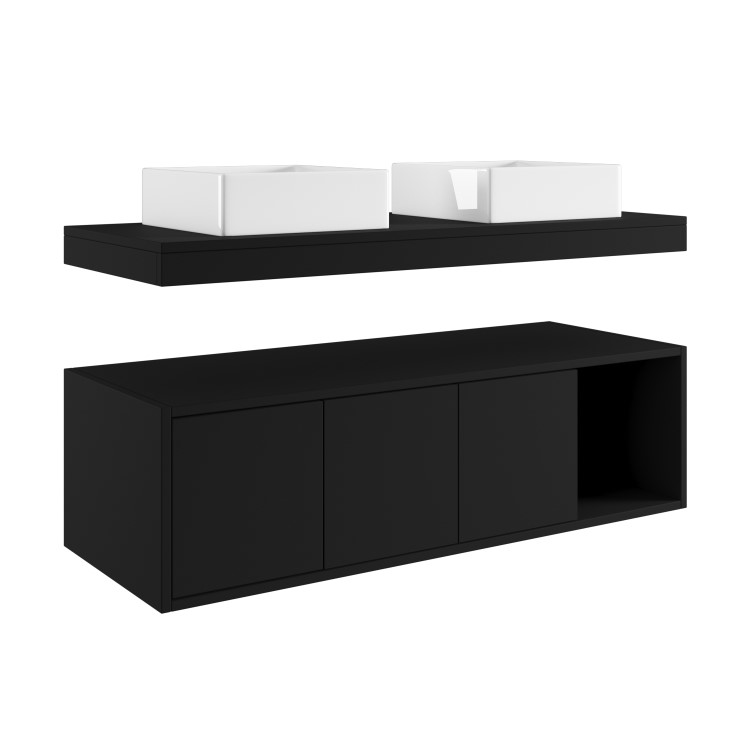 1200mm Black Wall Hung Double Countertop Vanity Unit with Basins and Shelf - Porto