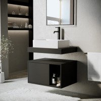 ONLY OPENED - 600mm Black Wall Hung Countertop Vanity Unit with Rectangular Basin and Shelves - Porto