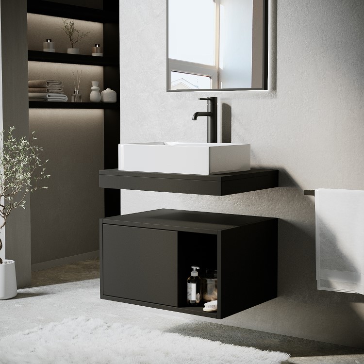 ONLY OPENED - 600mm Black Wall Hung Countertop Vanity Unit with Rectangular Basin and Shelves - Porto