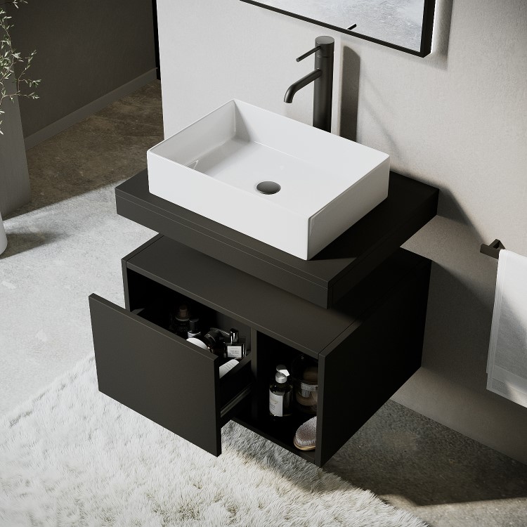ONLY OPENED - 600mm Black Wall Hung Countertop Vanity Unit with Rectangular Basin and Shelves - Porto