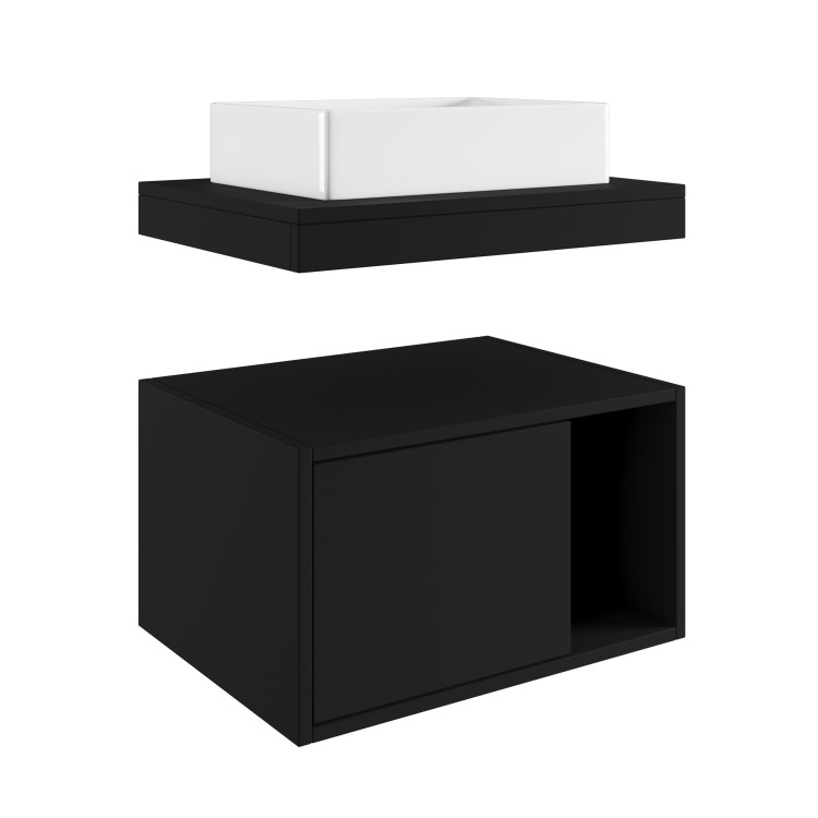 ONLY OPENED - 600mm Black Wall Hung Countertop Vanity Unit with Rectangular Basin and Shelves - Porto