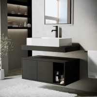 ONLY OPENED - 800mm Black Wall Hung Countertop Vanity Unit with Rectangular Basin and Shelves - Porto