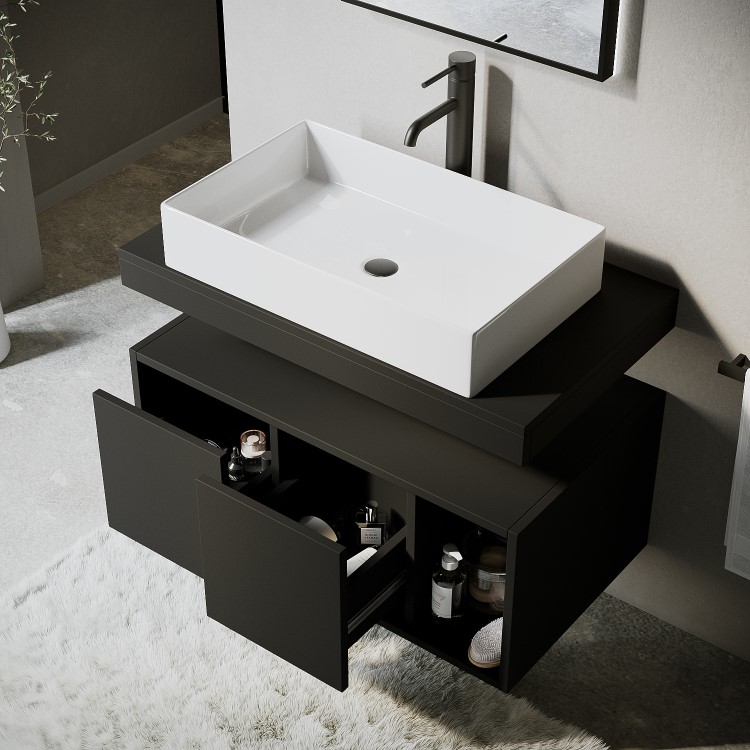 ONLY OPENED - 800mm Black Wall Hung Countertop Vanity Unit with Rectangular Basin and Shelves - Porto
