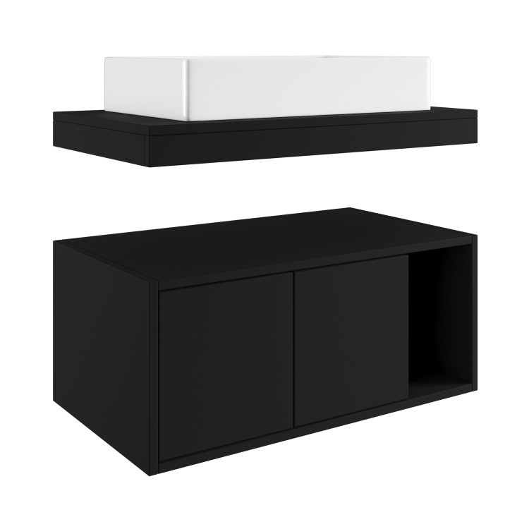 ONLY OPENED - 800mm Black Wall Hung Countertop Vanity Unit with Rectangular Basin and Shelves - Porto